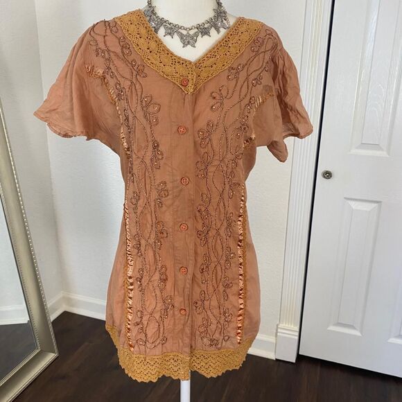 Orange Tan Vintage Boho Embroidered Babydoll Blouse Top M - Picture 4 of 8